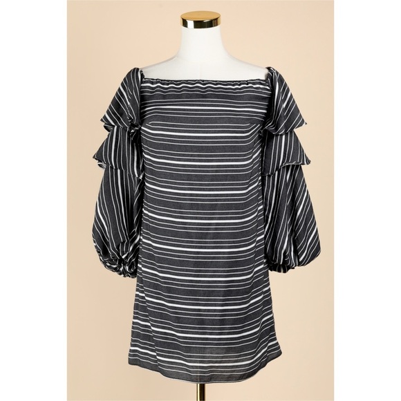Sz M Scripted Black & White Striped Tiered Off The Shoulder Mini Dress NWOT - Picture 1 of 3